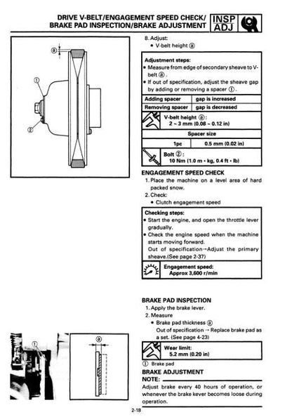 Yamaha Vmax VX750 VX800 MM800 Snowmobile Service Manual sample page with diagrams and specifications