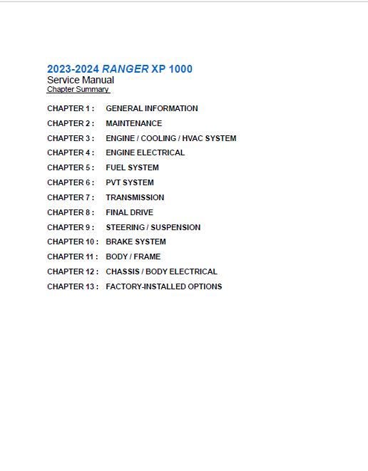 Polaris Ranger XP 1000 UTV Service Manual table of contents