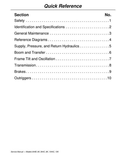 JLG 644 1044 Telehandler Service Manual table of contents