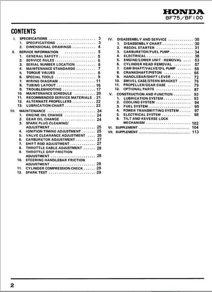 Honda BF8A Outboard Service Manual table of contents