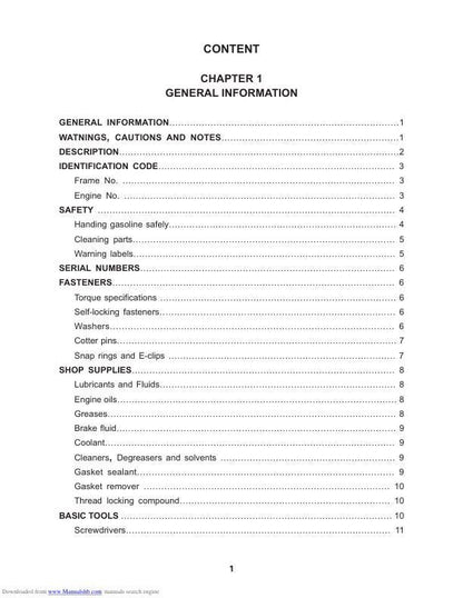 HiSun Strike HS200 HS250 UTV Service Manual table of contents