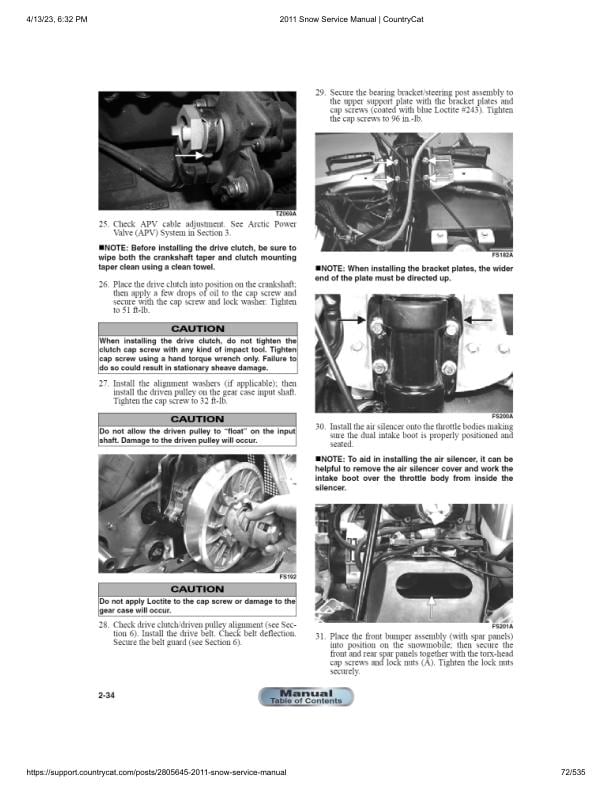 Arctic Cat F M Z1 Crossfire Bearcat Snowmobile Service Manual table of contents