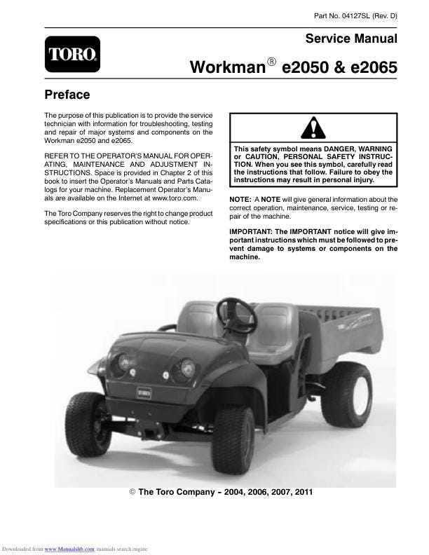 Toro Workman e2050 e2065 Mower Service Manual factory service manual title page