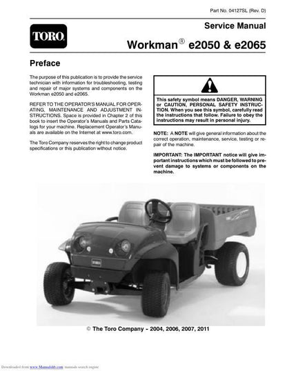 Toro Workman e2050 e2065 Mower Service Manual factory service manual title page