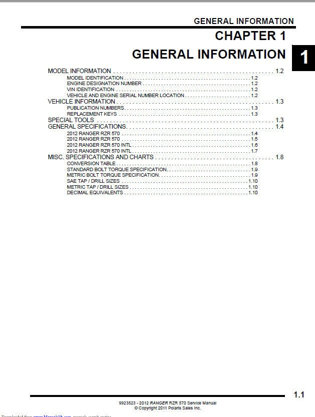 Polaris RZR 570 UTV Service Manual sample page from service manual