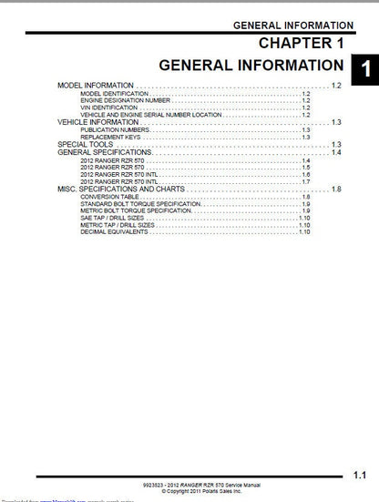 Polaris RZR 570 UTV Service Manual sample page from service manual
