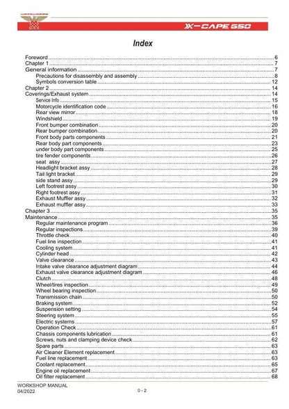 Motormorini X Cape 650 Motorcycle Service Manual table of contents