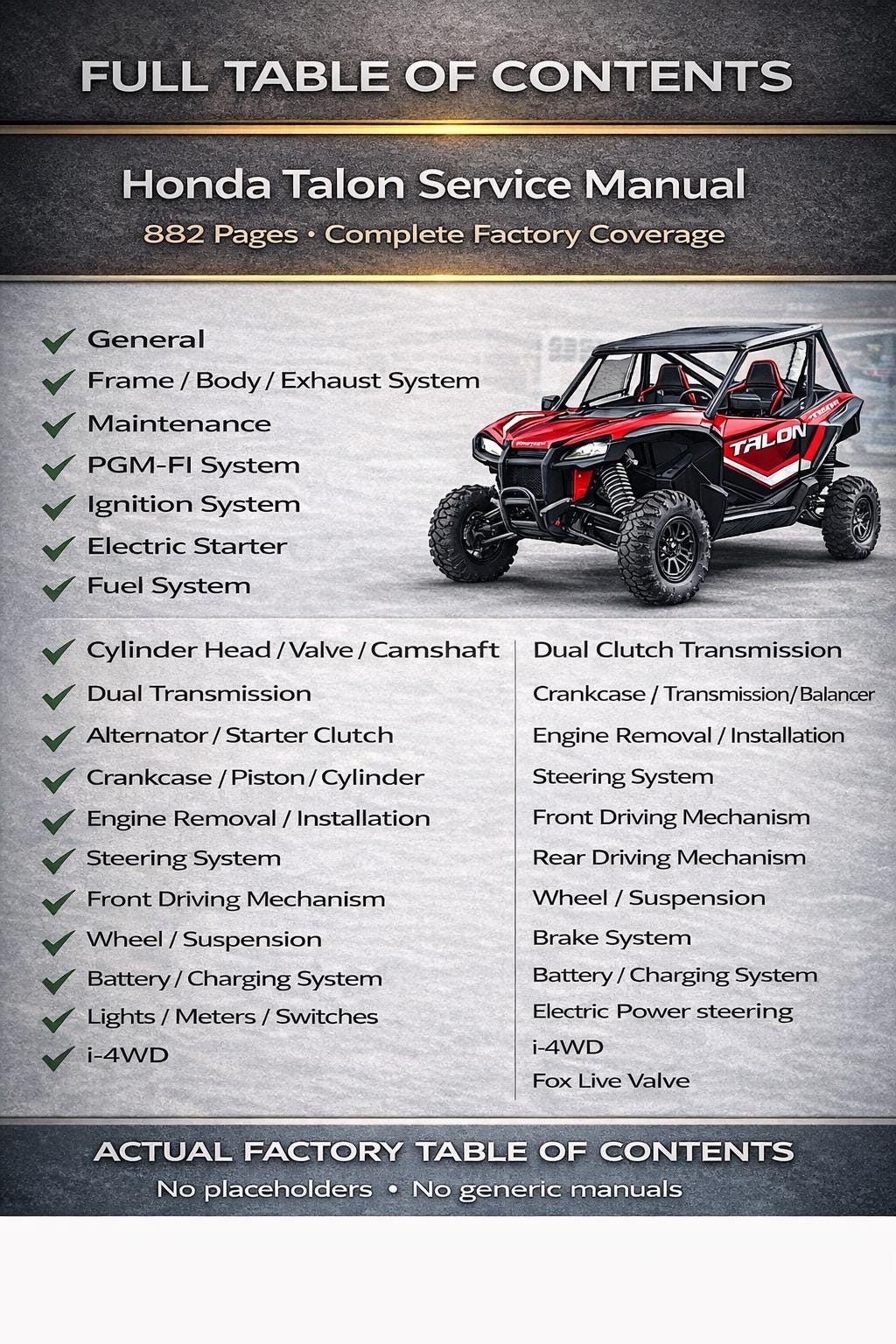 Honda Talon 1000 UTV Service Manual sample page with diagrams and specifications