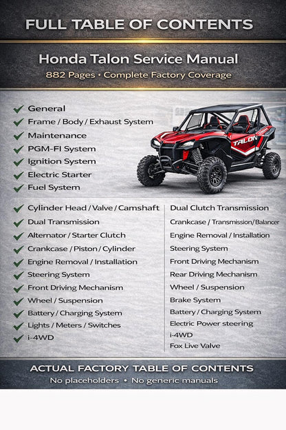 Honda Talon 1000 UTV Service Manual sample page with diagrams and specifications