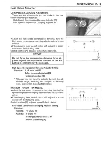 Kawasaki KX 250 KX250X Motorcycle Service Manual sample page with service data and tables