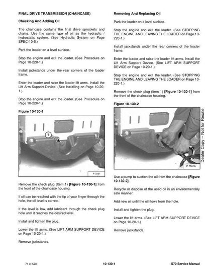 Bobcat S70 Skid Steer Loader Service Manual sample page with diagrams and specifications