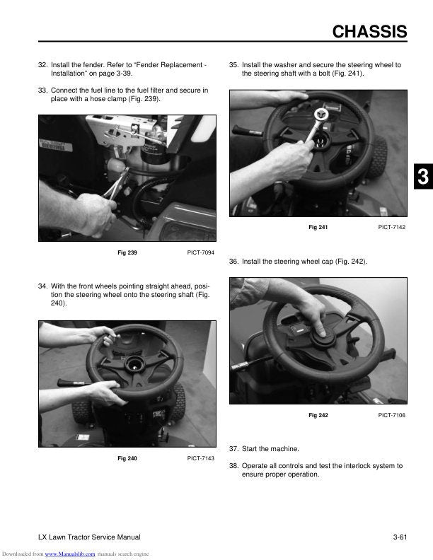 Toro LX420 LX425 LX500 Lawn Tractor Service Manual sample page showing repair procedures