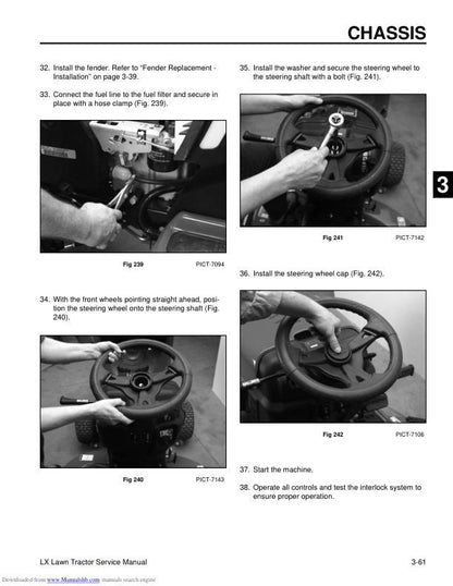 Toro LX420 LX425 LX500 Lawn Tractor Service Manual sample page showing repair procedures