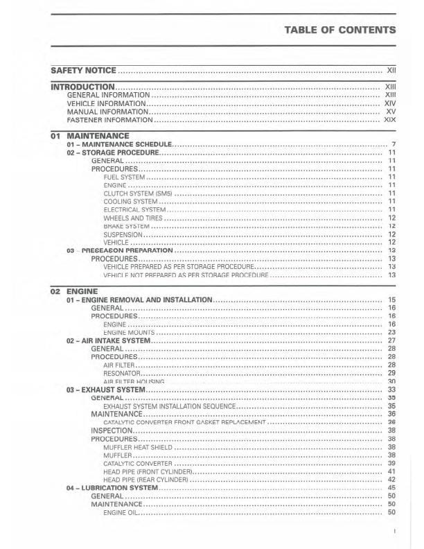 Can Am Spyder RT RTS Service Manual table of contents