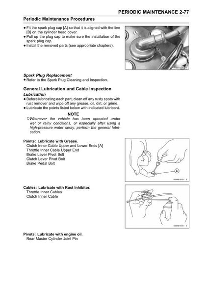 Kawasaki KX450F Motorcycle Service Manual sample page with technical illustrations