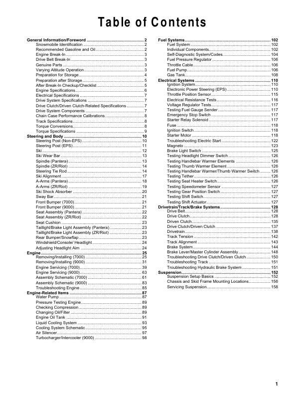 Arctic Cat ZR Riot Pantera Thundercat 7000 9000 Snowmobile Service table of contents