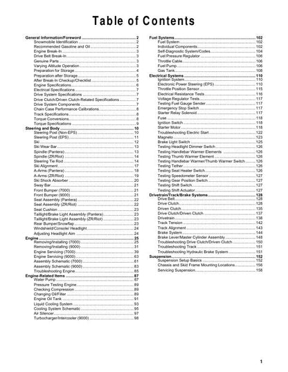 Arctic Cat ZR Riot Pantera Thundercat 7000 9000 Snowmobile Service table of contents