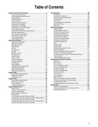 Arctic Cat Riot ZR M 600 858 Snowmobile Service Manual table of contents