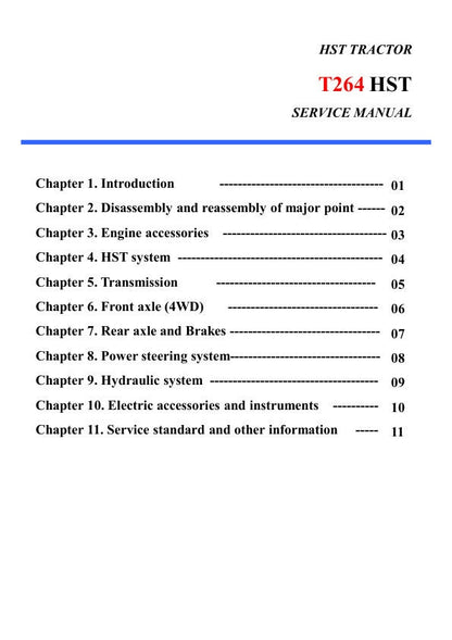 TYM T264 HST Compact Tractor Service Manual table of contents
