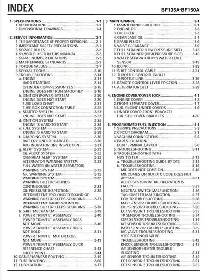 Honda BF135A BF150A Outboard Service Manual table of contents