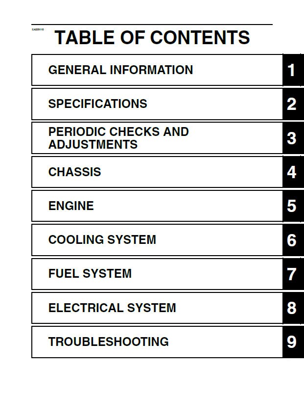 Yamaha MT-07 Motorcycle Service Manual table of contents