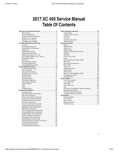 Arctic Cat Alterra XC 450 ATV Service Manual table of contents