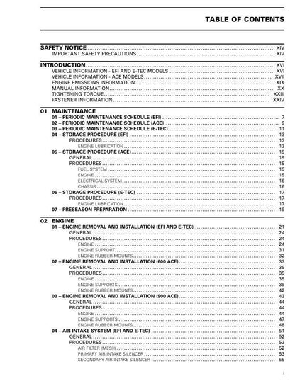 Skidoo Skandic 600 900 Snowmobile Service Manual table of contents