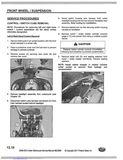 Indian Chief Classic Bomber Roadmaster Motorcycle Service Manual sample page showing repair procedures