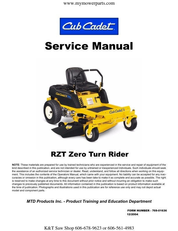 Cub Cadet RZT  Zero Turn Mower Service Manual factory service manual title page
