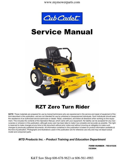 Cub Cadet RZT  Zero Turn Mower Service Manual factory service manual title page