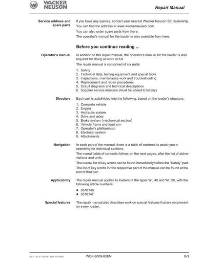 Wacker Neuson WL 48 50 Wheel Loader Service Manual table of contents