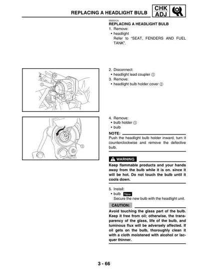 Yamaha YFZ450S Motorcycle Service Manual sample page with diagrams and specifications