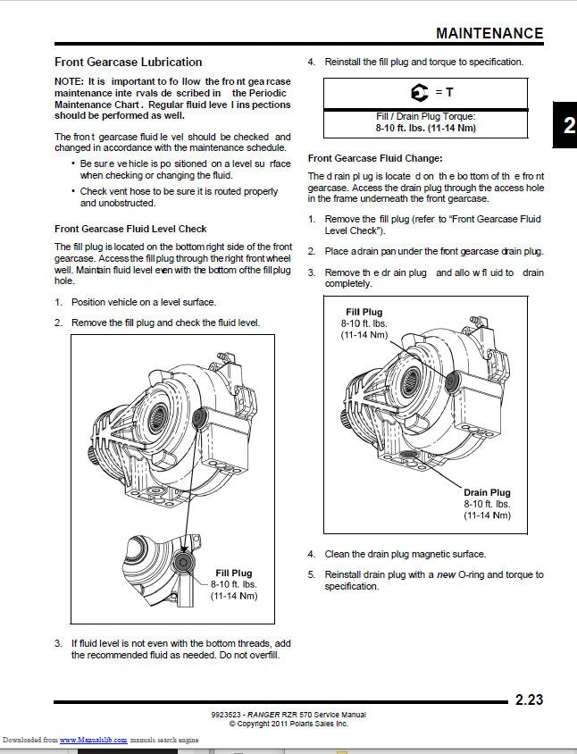 Polaris RZR 570 UTV Service Manual sample page with diagrams and specifications