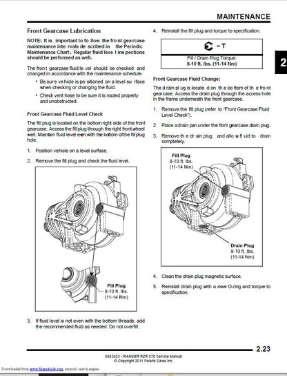 Polaris RZR 570 UTV Service Manual sample page with diagrams and specifications