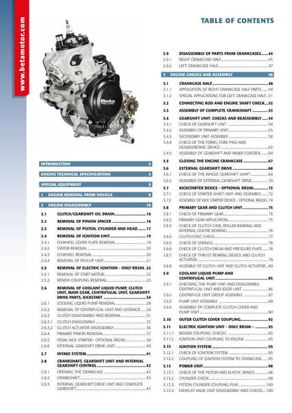 Beta Motorcycle RR Race X-Pro 125 200 Service Manual table of contents