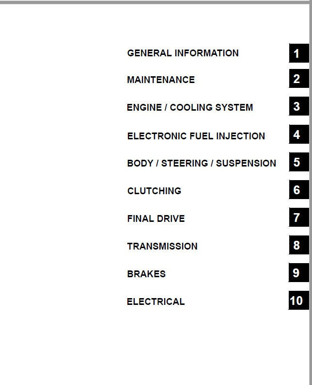Polaris RZR 570 UTV Service Manual table of contents