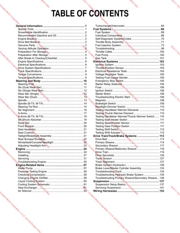 Yamaha Sidewinder Snowmobile Service Manual table of contents