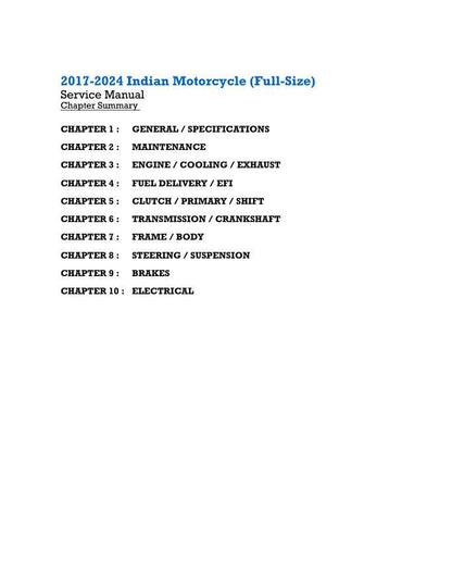 Indian Chief Chieftain Roadmaster Springfield Full Size Motorcycle table of contents