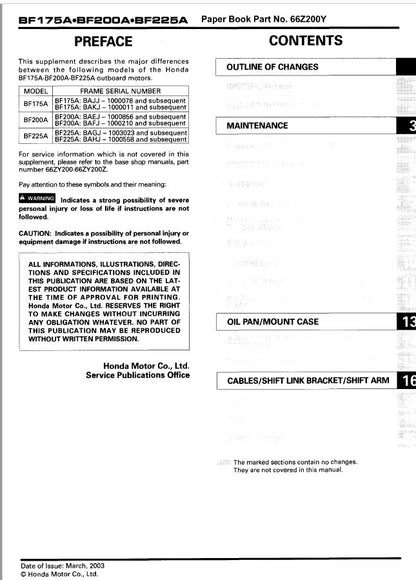 Honda BF175A BF200A BF225A Outboard Service Manual sample page from service manual