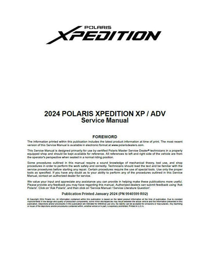 Polaris Xpedition XP ADV 1000 UTV Service Manual factory service manual title page