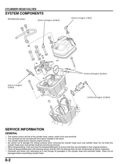 Honda XL125 XR125 XR150 Motorcycle Service Manual sample page with technical illustrations