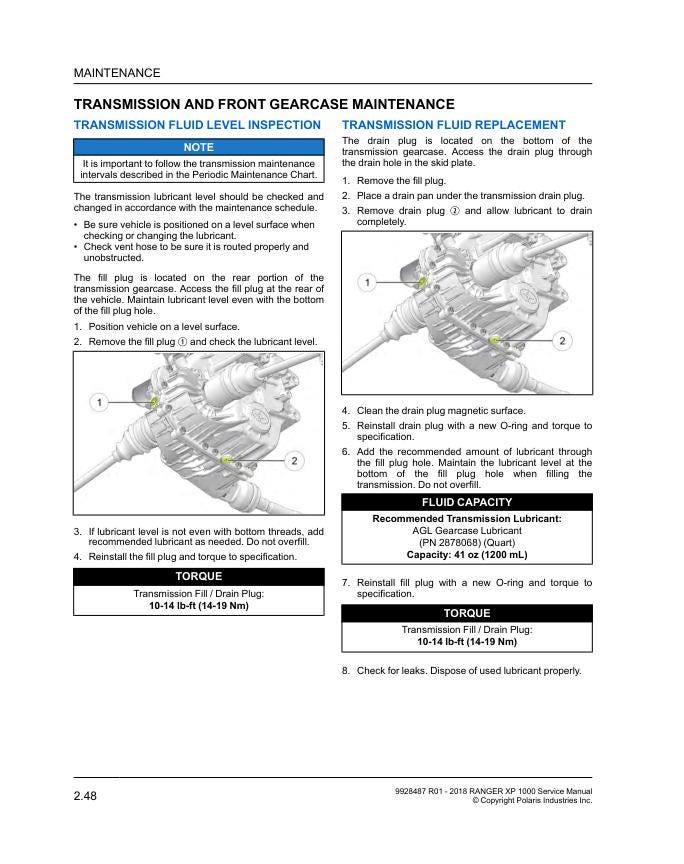 Polaris RANGER XP/XP Crew 1000 UTV Service Manual sample page with diagrams and specifications