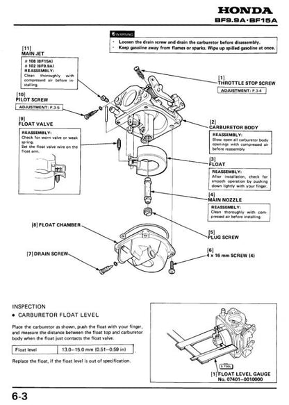 Honda BF9.9A BF15A Outboard Service Manual sample page with service data and tables