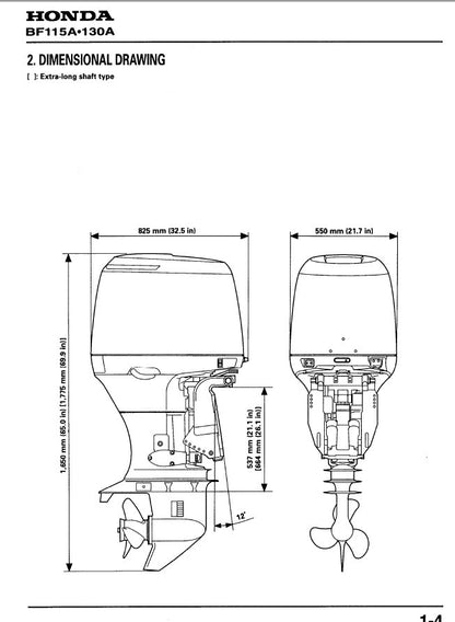 Honda BF115A BF130A Outboard Service Manual sample page with diagrams and specifications