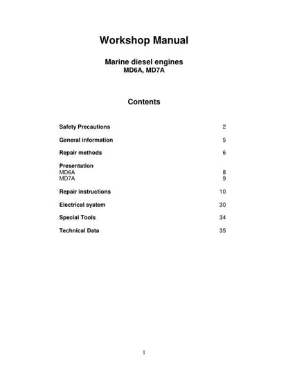 Volvo Penta MD6A MD7A Marine Diesel Engine Service Manual table of contents