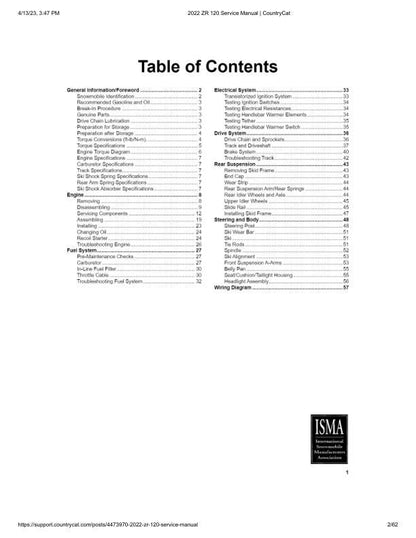Arctic Cat ZR 120 Kitty Cat Snowmobile Service Manual table of contents