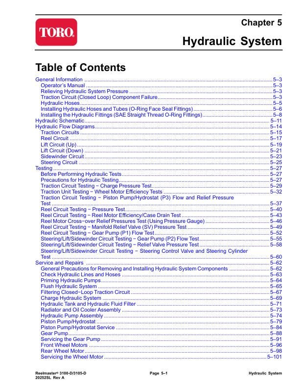 Toro Reelmaster 3100 3105 D Mower Service Manual table of contents