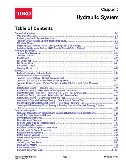 Toro Reelmaster 3100 3105 D Mower Service Manual table of contents