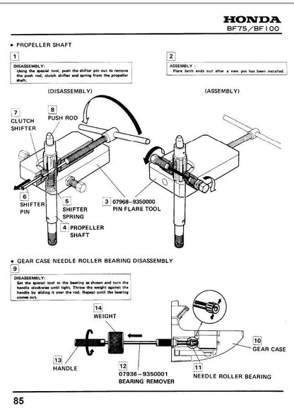 Honda BF8A Outboard Service Manual sample page showing repair procedures