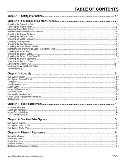 Toro 38700 23740 Walk Behind Rotary Broom Service Manual table of contents